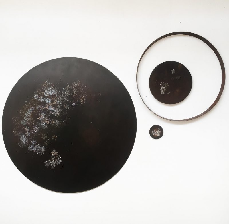 Penelope Aitken, What we are made of will make something else: Polypetalous pentamerous 2019
oil on board and metal
4 components, dimensions variable
