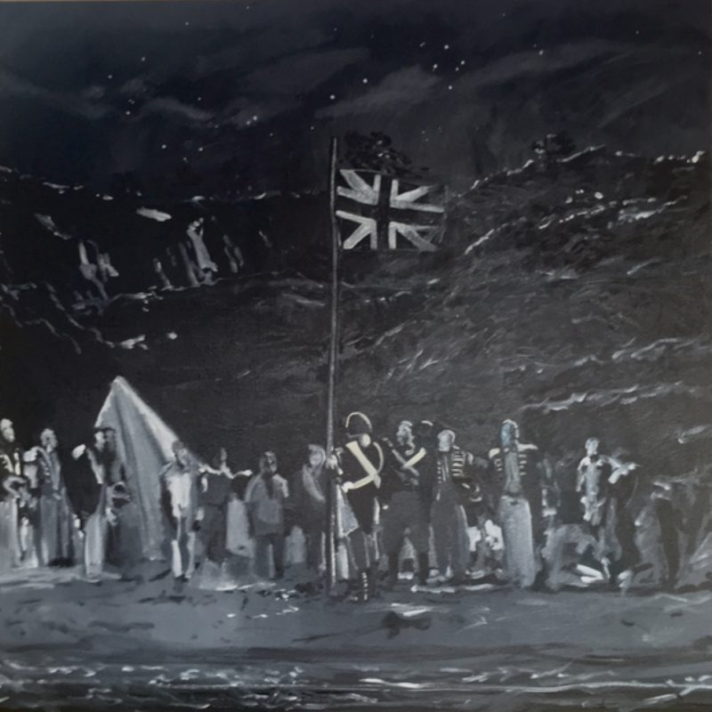 Samuel Condon, Raising the flag, Botany Bay 1788 2019
oil paint, Sherrin football ash, enamel spray paint and glitter on canvas
150 x 150 cm
