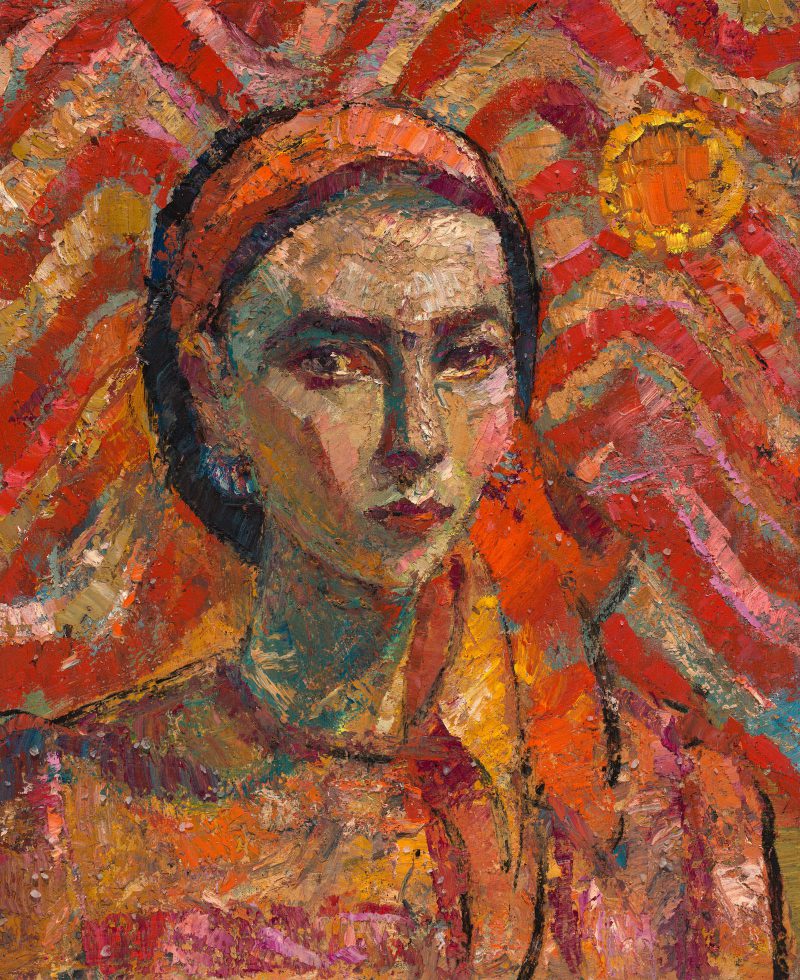 Yvette Coppersmith, Self-portrait, scarlet wave motif 2018
oil and citrine on linen
56 x 46 cm
