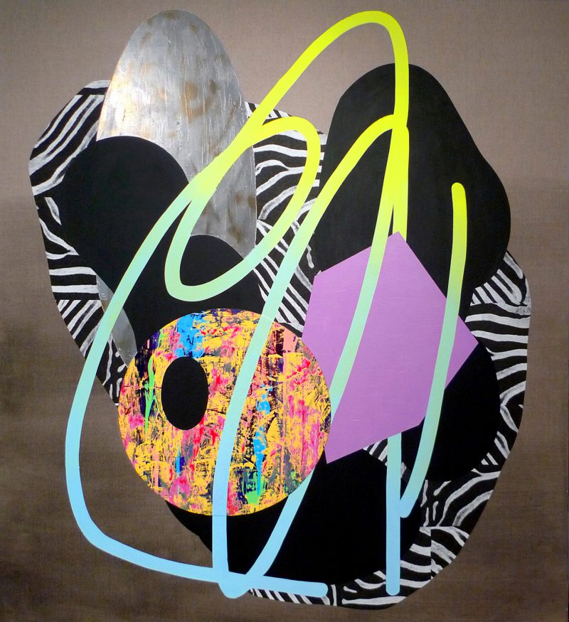Marc Freeman, Composition #22 2015
acrylic, vinyl, chrome enamel spray paint, treated canvas on linen
183 x 167 cm
