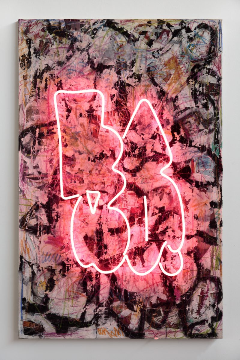 Patrick Dagg, Brotherhood 2017
oil, paper, porcelain, oil stick and neon on canvas
167 x 101 cm
