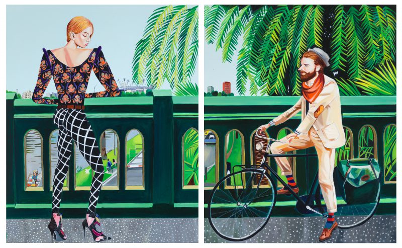 Rob McHaffie, I saw her on the way to fix my fixie in Fitzroy. Was she visiting from Denmark or somewhere? I could show her the way to Smith and Daughters to share some bitey black beans and chewy hominy (like rehydrated puffed giant corn kernels) 2017
oil on linen (diptych)
82 x 132 cm
