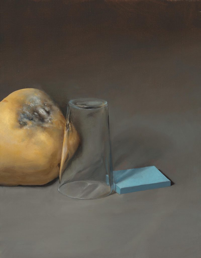 Ebony Truscott, Pumpkin, glass and notes with stagger 2018
oil on linen
46 x 36 cm
